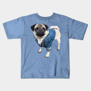 Pug in a blue denim jacket Kids T-Shirt